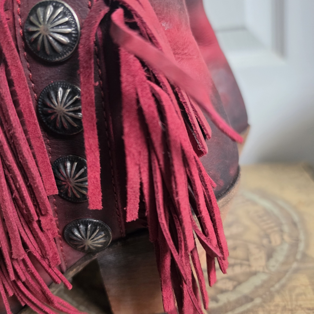 LIBERTY Black Red Fringe Open-Toe Ankle Booties - Picture 2 of 9